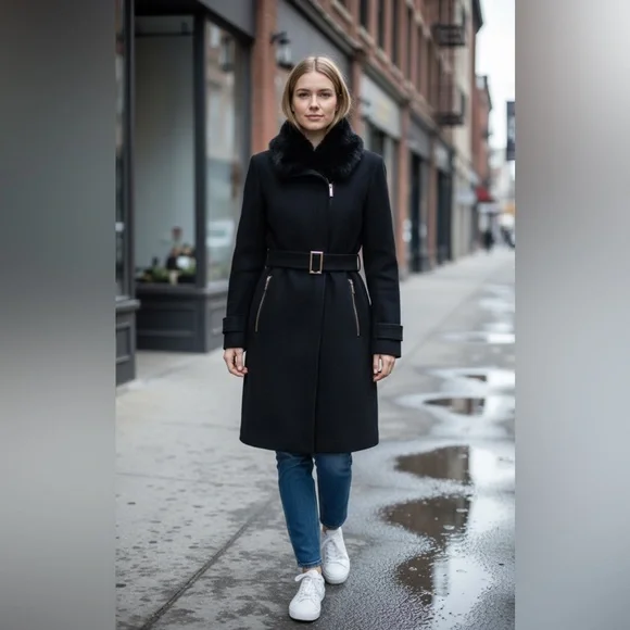 Calvin Klein Black Belted faux fur collar Coat - Picture 6 of 12